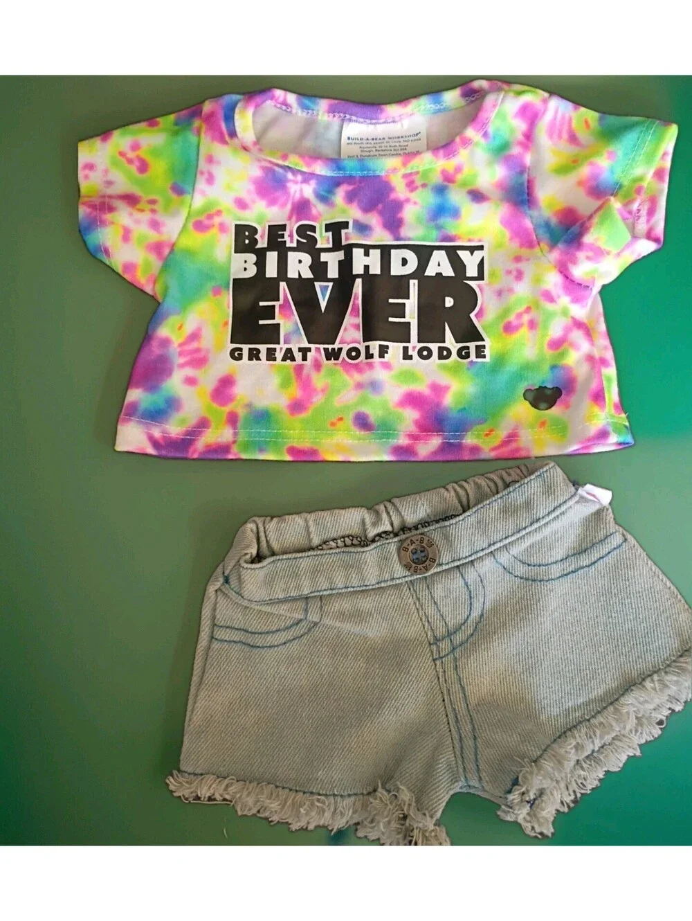 Build-A-Bear Workshop Tie Dye Birthday Shirt Jean Shorts Outfit Great Wolf Lodge